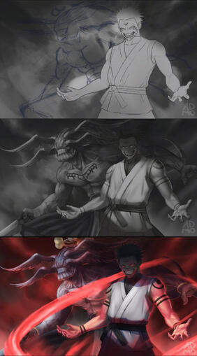 A worflow of Sukuna fanart from Jujutsu Kaisen)