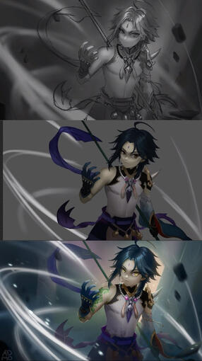 A workflow of creating fanart of Xiao (Genshin Impact)